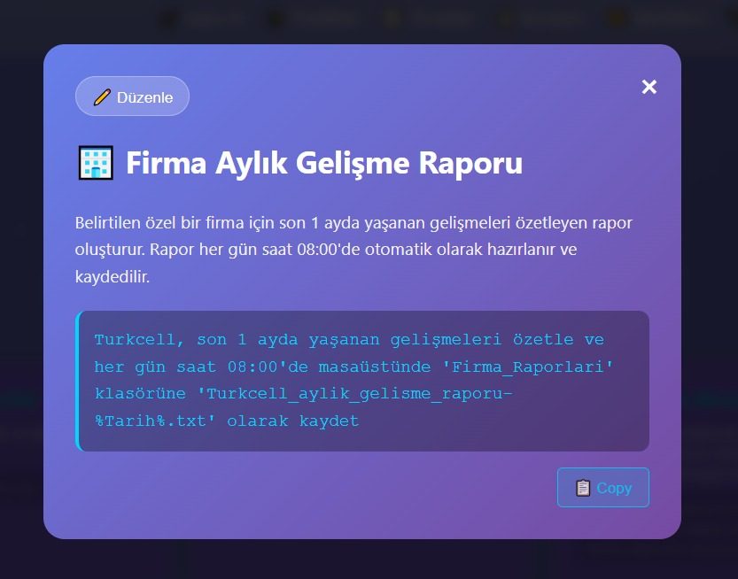 Firma Aylık Gelişme Raporu otomasyon kartı ve örnek iş tarifi